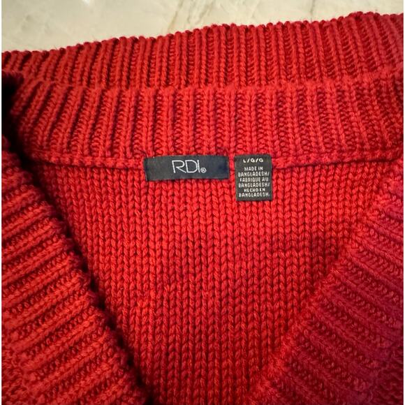 RDI Red Sweater Sz L Shoulder & Arm Seams Women's Chunky Knit V-neck Cabincore - Picture 8 of 12